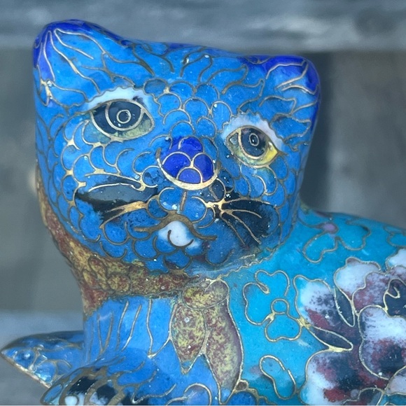 Vintage Cloisonné Blue Cat Figurine - Picture 6 of 6